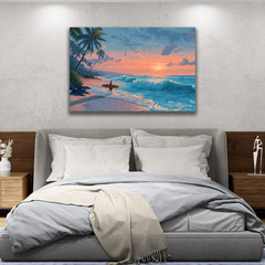 Tropical Surfer Beach Sunset Painting, Ocean Waves Canvas Print Coastal Seascape