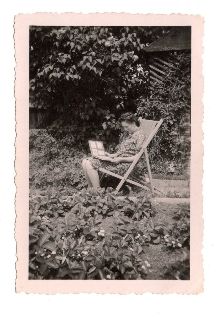 Original Photo 1940s | Woman in Garden with Photo Album Vintage Contemporary Document