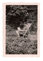 Original Photo 1940s | Woman in Garden with Photo Album Vintage Contemporary Document