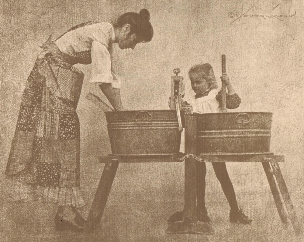 NEWLY FOUND! HENDRICKSON B&W SEPIA PHOTO PRINT Mom Daughter Doing Laundry 11×14″
