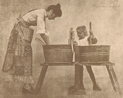 NEWLY FOUND! HENDRICKSON B&W SEPIA PHOTO PRINT Mom Daughter Doing Laundry 11×14″