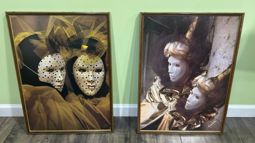 Italian Fulvio Roiter Framed Art Venezia Maschere Carnevale + 1 More, 18″ x 25″