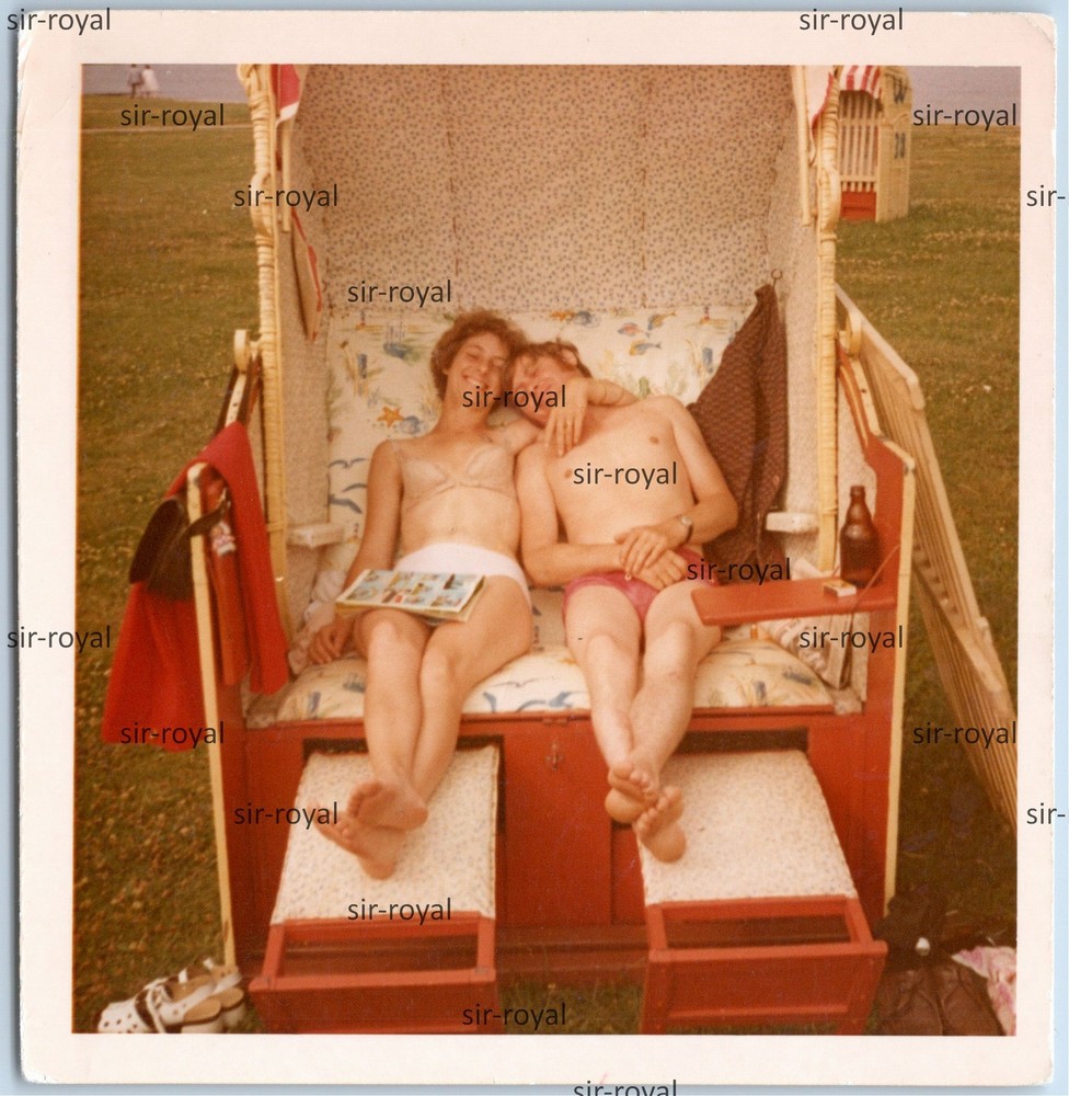 Woman in Bra Lingerie and Man in Swim Trunks in Beach Chair – 1970s – Photo 9x9cm