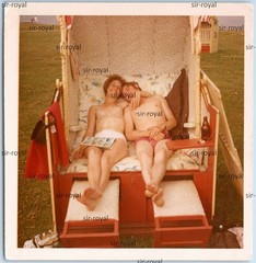Woman in Bra Lingerie and Man in Swim Trunks in Beach Chair – 1970s – Photo 9x9cm