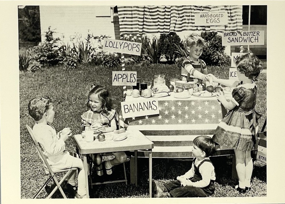 Kids In Backyard Playing Store, 1960 Fotofolio Art Photo Print Card 4.25”x6”