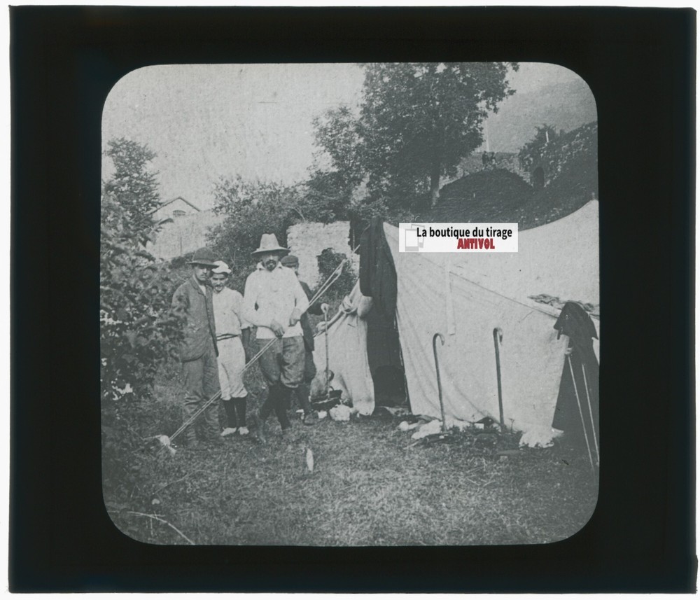 Campers, Men, Vintage Photo Glass Plate, Black & White, Positive 8.5×10 Cm
