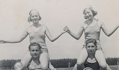 Swimwear Young Pretty Girl Piggyback Motorcycle Rider Berlin Vintage c. 1930