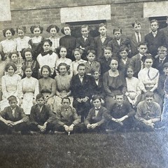 Antique Snapshot Portrait Group of Young Adult Students in front of Building