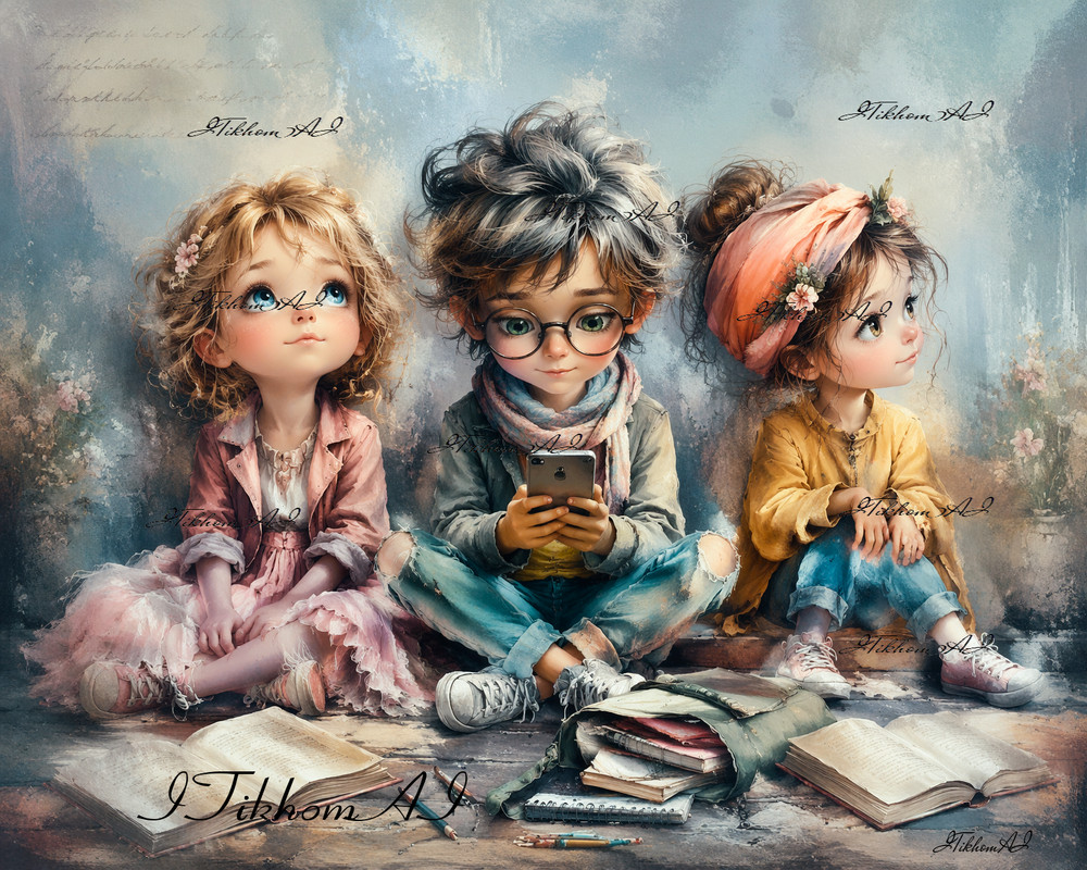 Digital Art Portrait Children Pupils Boy Girl People Grunge Background Wallpaper
