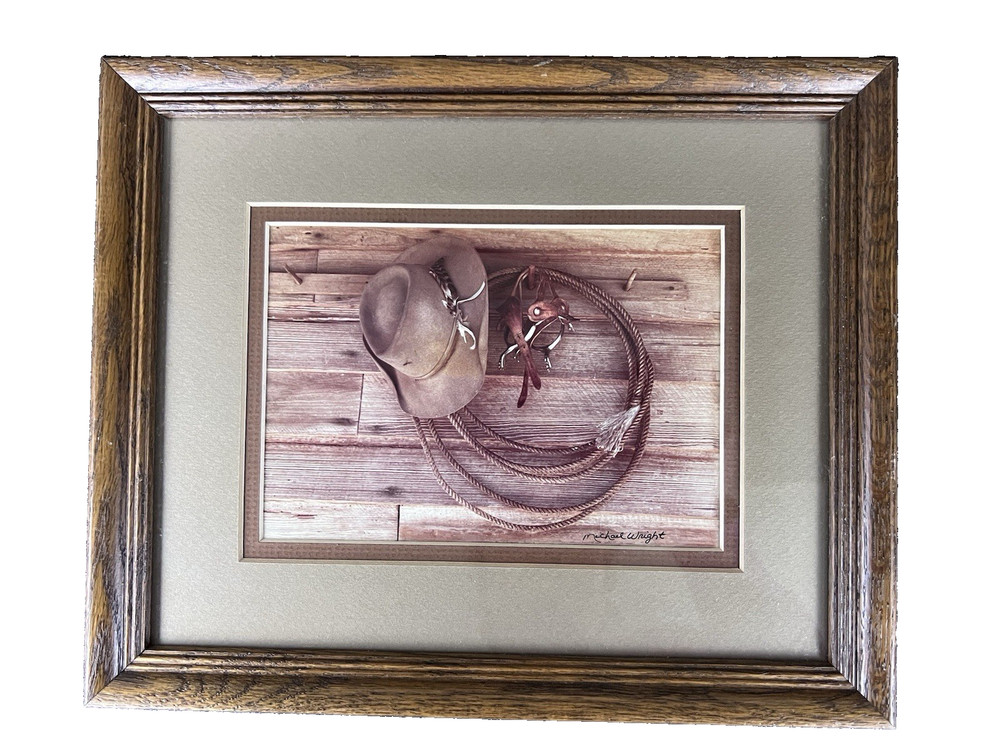 VTG Michael Wright Signed Framed Photograph Print Western Cowboy Ranch 11 1/8″