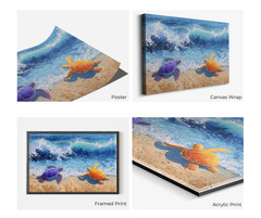 Colorful Sea Turtles Beach Painting, Purple Orange Ocean Blue Waves, Coastal Art