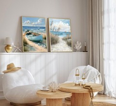 2Pcs Blue Coastal Canvas Wall Art Beach Boat Posters Prints Ocean Seawe and S…
