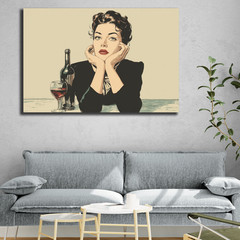 Vintage Woman Pop Art, Red Lipstick Cartoon Girl Poster, Bottle of Wine Lover