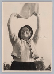 Woman Waving Joyfully with Cloth – Vintage Photo 1940s