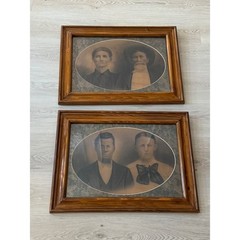 Large Pair of Antique Late 19th Century Wood Framed Family Portraits Wall Decor