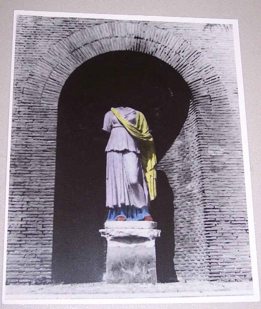 VINTAGE 8 x 10 COLORIZED PHOTOGRAPH STATUE WITH CLOTHING SCULPTURE BRICK ARCHWAY