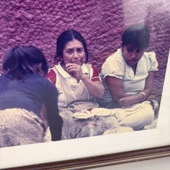 Vintage Framed Color Photo Latin American Women & Child Street Scene