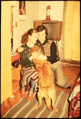 LOT 2x pretty couple w TV set, sweet dog,, fine art slide, dia! 1970’