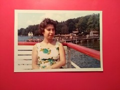 Alt Foto antik Vintage hübsche Frau am See Urlaub nice Woman dream old Photo xx