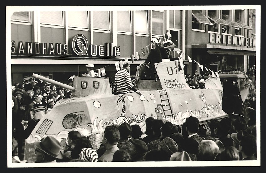 2 photographs view Würzburg, political carnival parade with U-boat car U-1