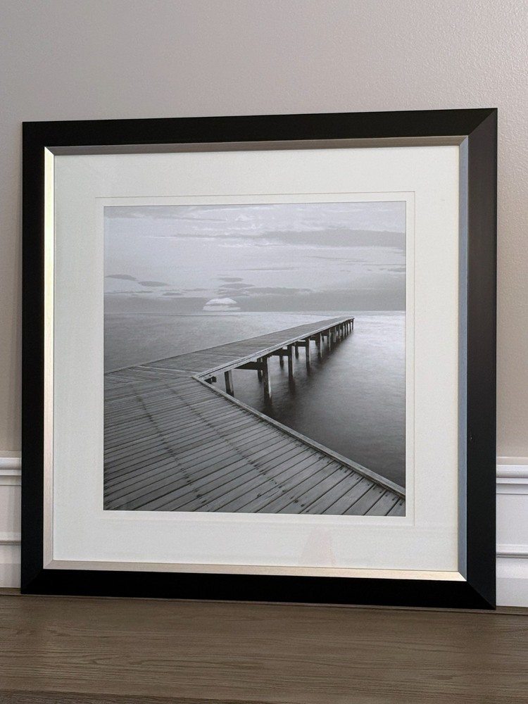 Wall Art, Framed Matted Black and White Photo, Pier On The Water – 27.5″x27.5″