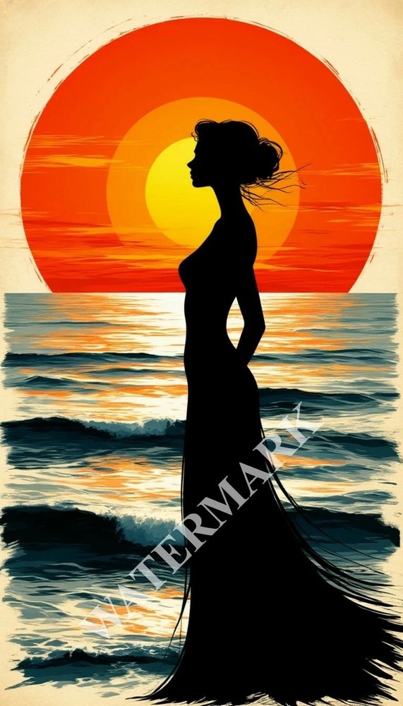 Digital Image Sea Sunset Silhouette Woman Picture Wallpaper Desktop Wall Art A55