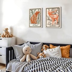 Framed Funny Woodland Deer Bear Canvas Wall Art Set of 2, Vintage Rustic Fore…