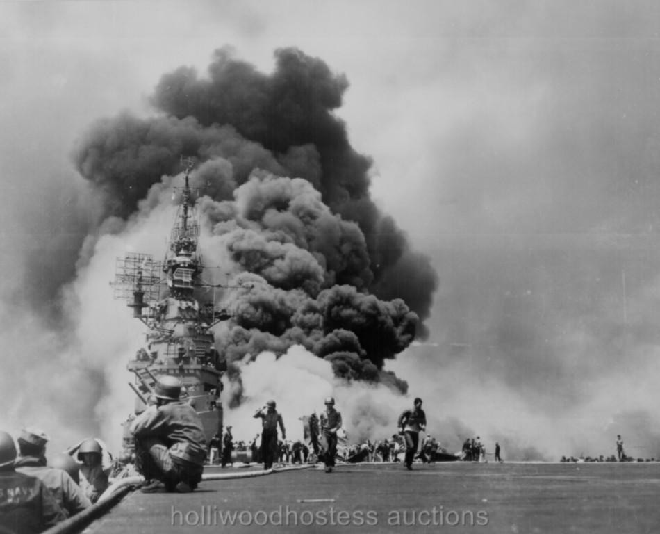 WWII USS BUNKER HILL Hit By Kamikazes 1945 Photographic Reprint
