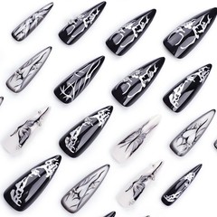 Press on Nails Long, Stiletto Halloween Black White Butterfly Heart Diama…