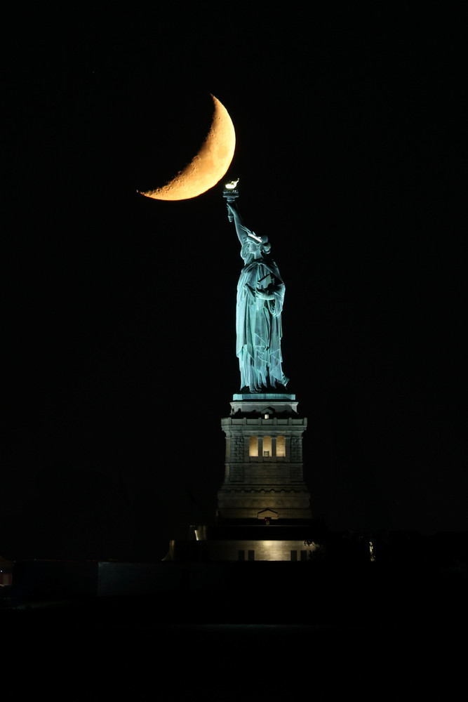 Moon Rising Over the Statue of Liberty, New York
