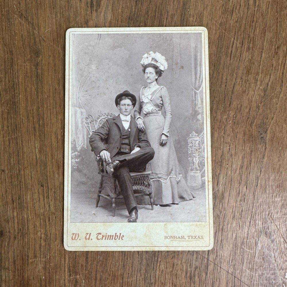 Antique Studio Portrait Man & Woman by W. U. Trimble Bonham Texas Cabinet Card