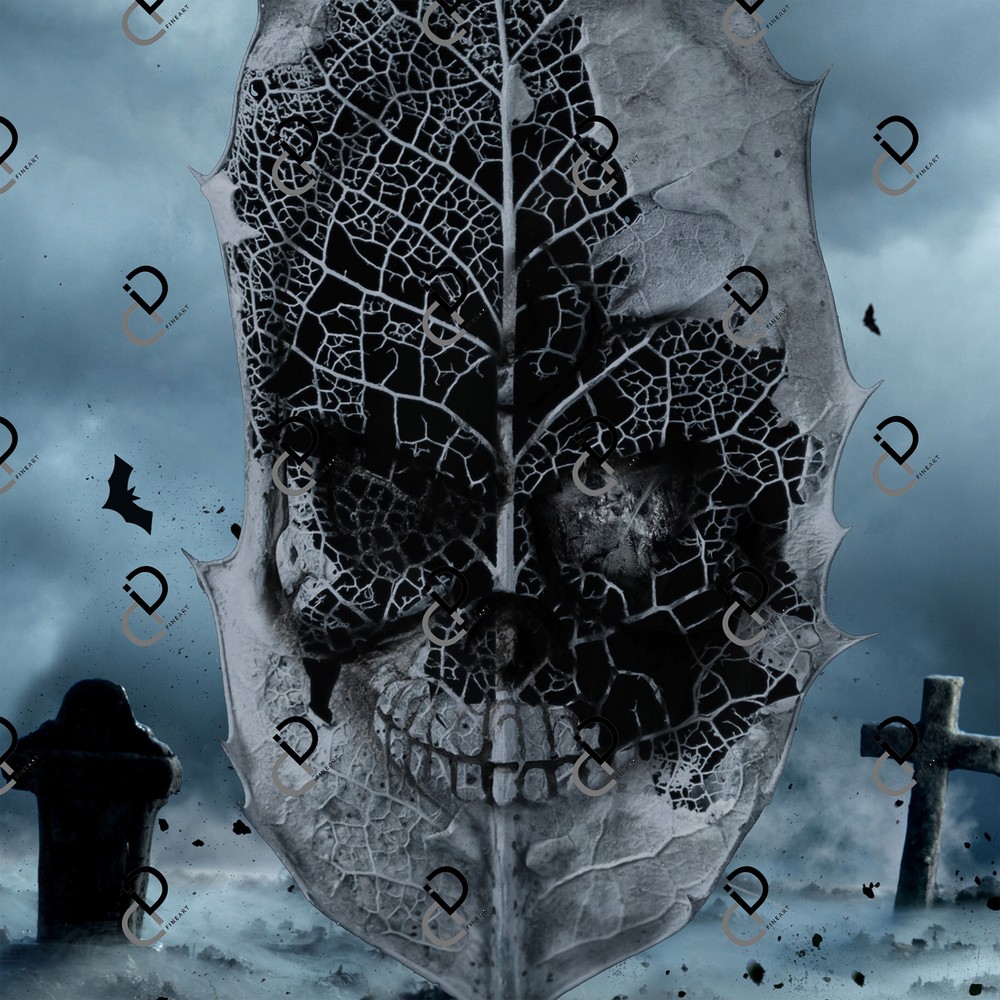 Dark Skull Leaf Design Digital Image – Perfect for Halloween Decor