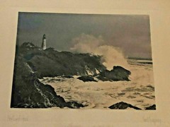 Fred Thompson Ocean Lighthouse Scene «Portland Head» Framed Hand Colored Photo