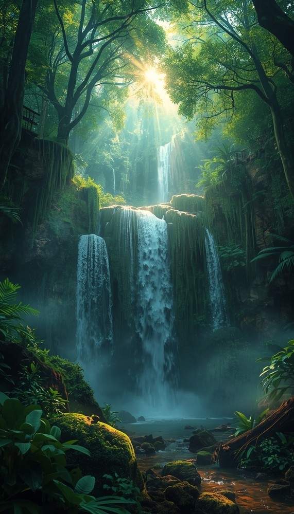 Fantasy Forest Waterfall Digital Art Nature Wallpaper Background