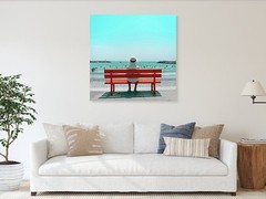 Special Price!!Photograph Solitude on the Beach Red Bench Acrylic Glass 95×95 cm