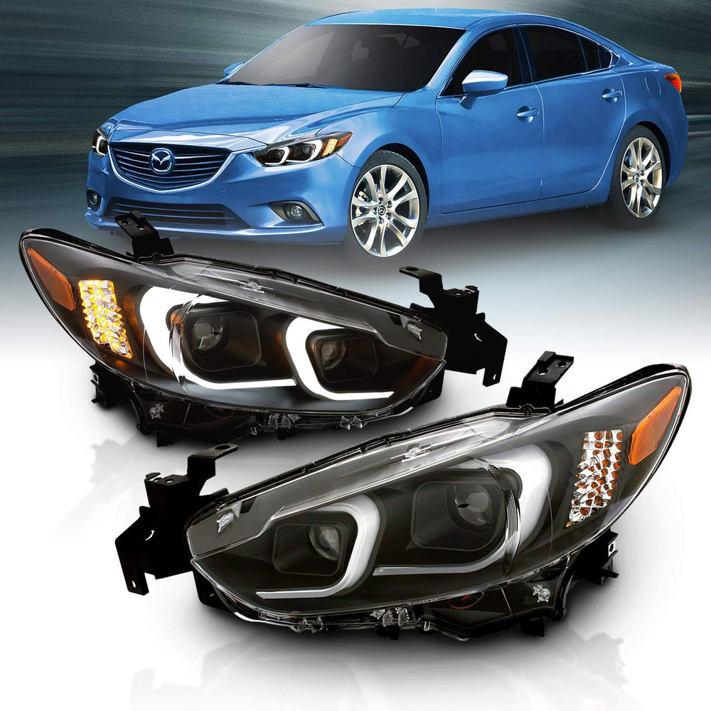 Black Projector Headlights with Glow Bar for 2014-2017 Mazda 6 (Pair) High/Low B