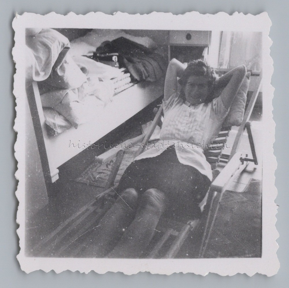 Woman Resting on Recliner Chair – Soldier Cap – Vintage Photo 1940s