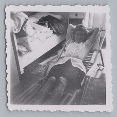 Woman Resting on Recliner Chair – Soldier Cap – Vintage Photo 1940s