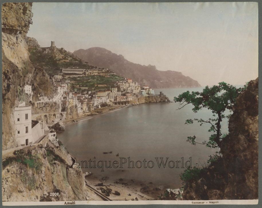 Amalfi coast city view amazing antique hand tinted albumen photo by Sommer