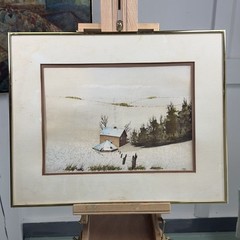 Landscape Scene Signed Litho MAKE OFFER 15×11” Wood Cabin Open Horizon Western