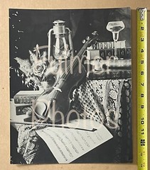 Vintage 11×14 unframed MUSIC & FLORAL Theme VIOLIN FLOWERS & BOOKS Photo Art B&W
