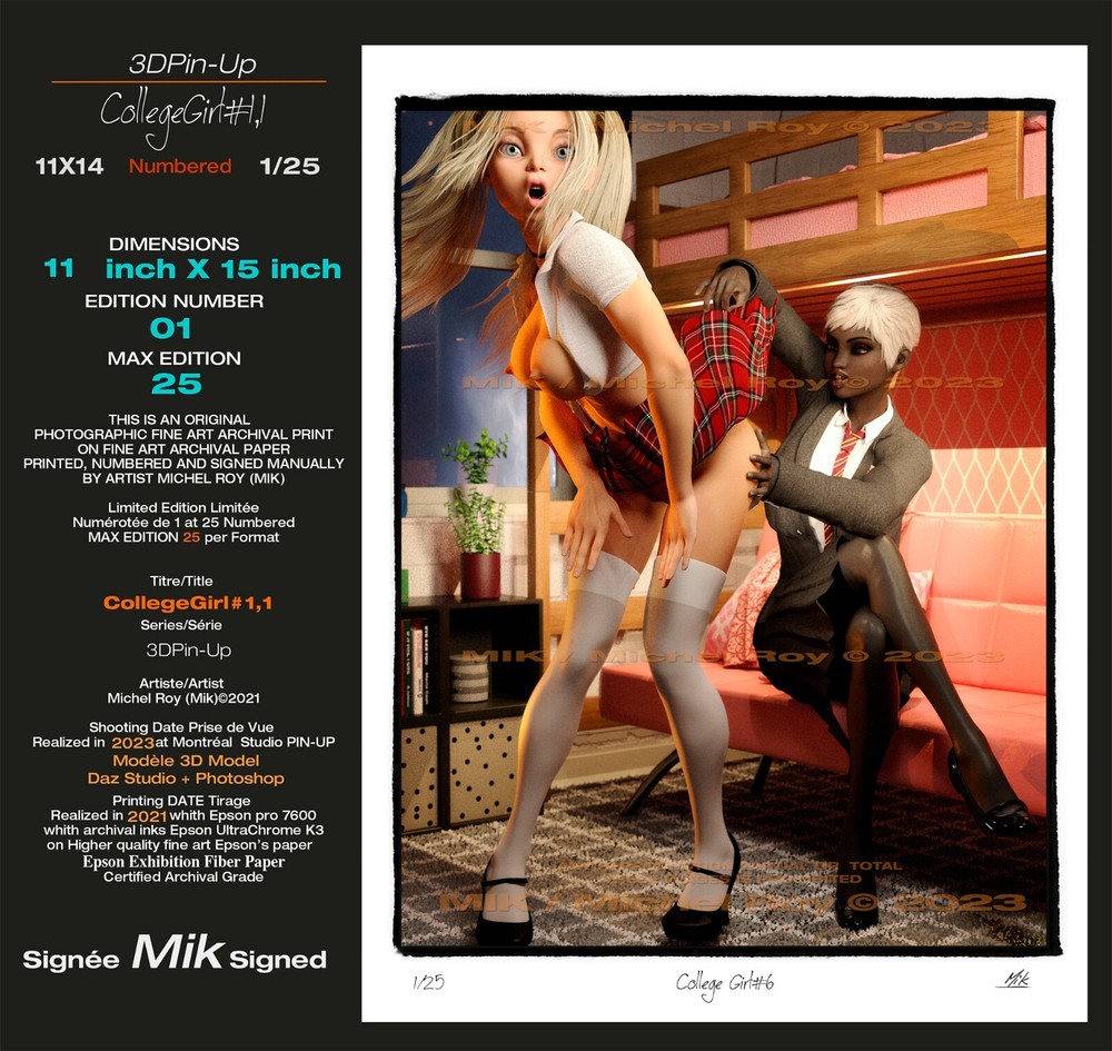 Art Nude «CollegeGirl#1.1» 11×14 Sign Mik &Num 1/25 Glossy Woman Excellent 3D Model