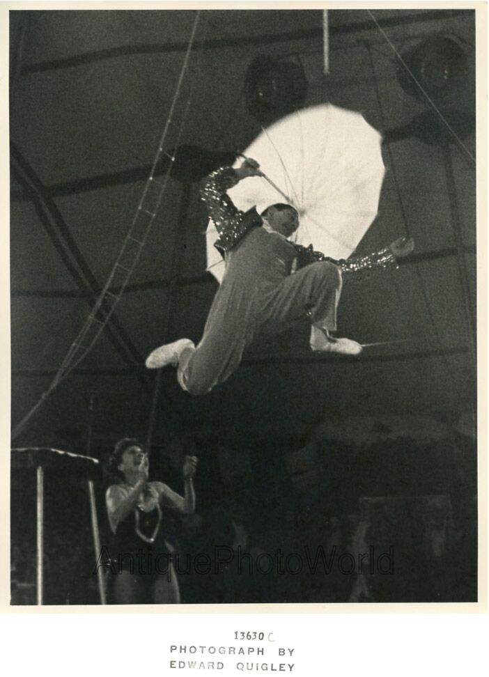 Circus acrobat high wire act w umbrella jump vintage art photo Edward Quigley