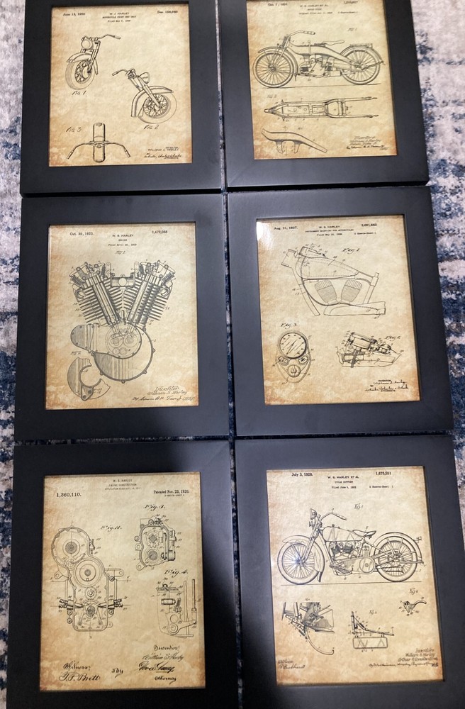 Harley Vintage Motorcycle Wall Art 6 Black Framed Patent Reproduction Drawings