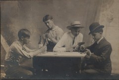 4 MEN PLAYING CARDS, SMOKING AND DRINKING 4.12X2.75″ ANTIQUE PHOTO SILVER PRINT