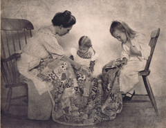 Hendrickson Orig Photo SEPIA MOTHER TEACHING HER LITTLE ONE HOW TO QUILT 14×11″