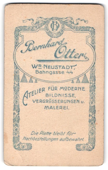 Photograph Bernhard Otter, Wr. Neustadt, Bahngasse 44, monogram by photographer
