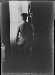Woman glass plate negative at window. Artistic nude. Circa 1900.