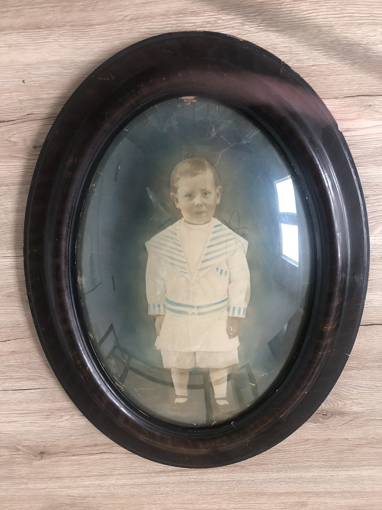 Large Antique Oval Bubble Glass Sepia Photo Child Portrait BOY IN SAILOR SUIT