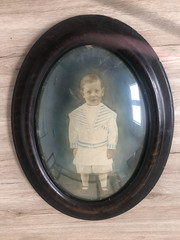 Large Antique Oval Bubble Glass Sepia Photo Child Portrait BOY IN SAILOR SUIT